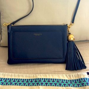 Tory Burch navy Crossbody and convertible clutch with brass hardware